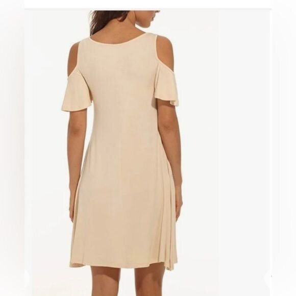 Cold Shoulder Women’s Dress With Pockets Beige Rayon Spandex - Picture 7 of 9